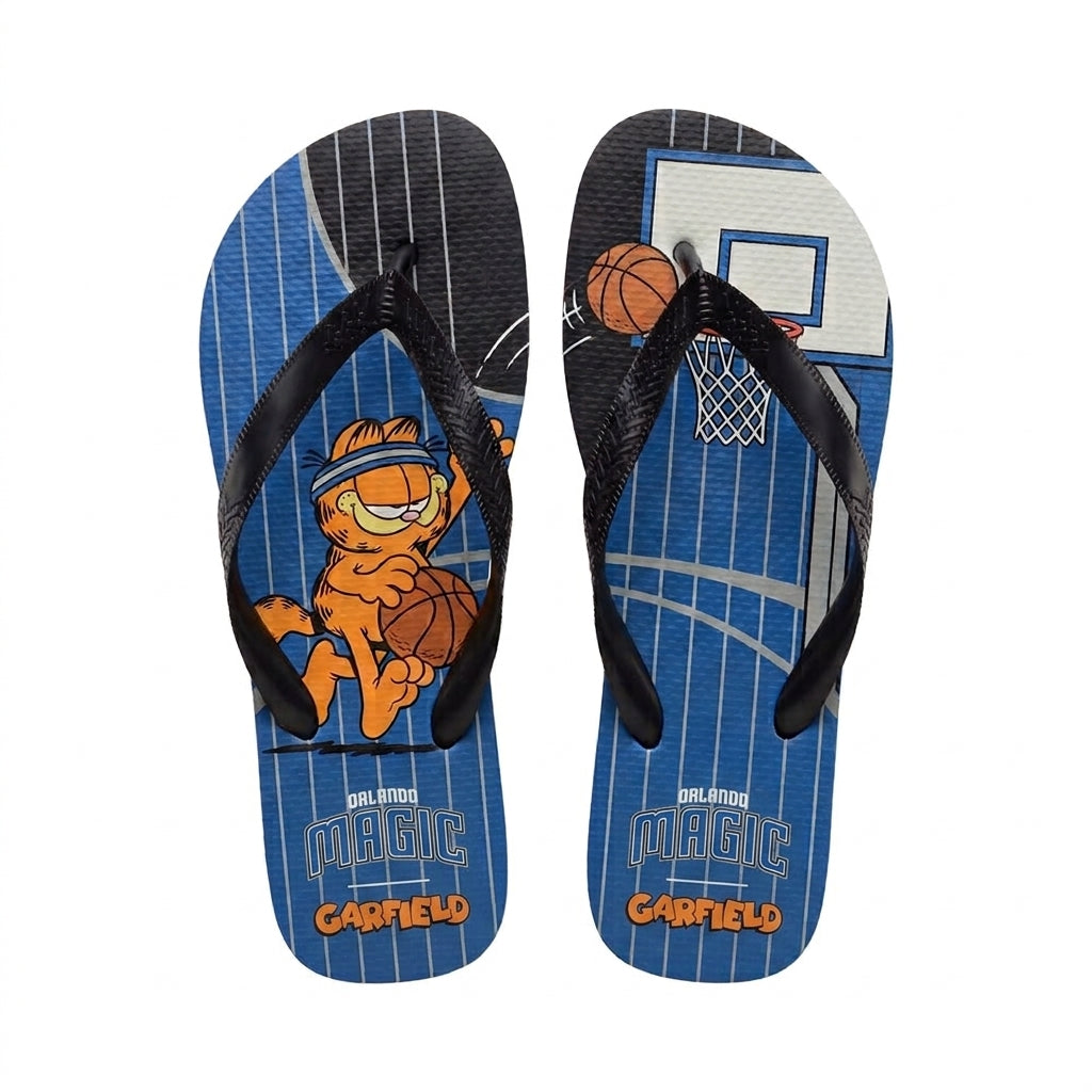 Cartoon Orange Cat Basketball Flip Flops, Sport Fan Sandals | 30 Teams Available