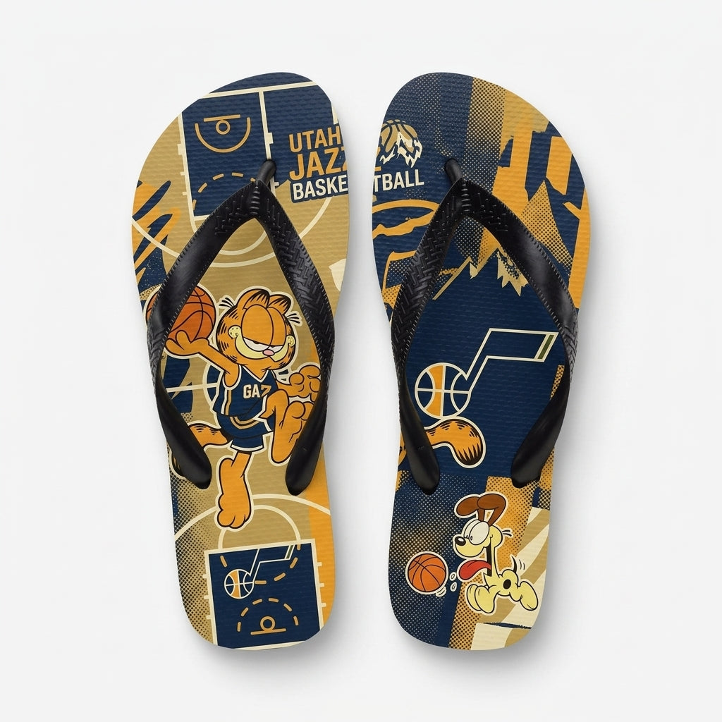 Cartoon Orange Cat Basketball Flip Flops, Sport Fan Sandals | 30 Teams Available
