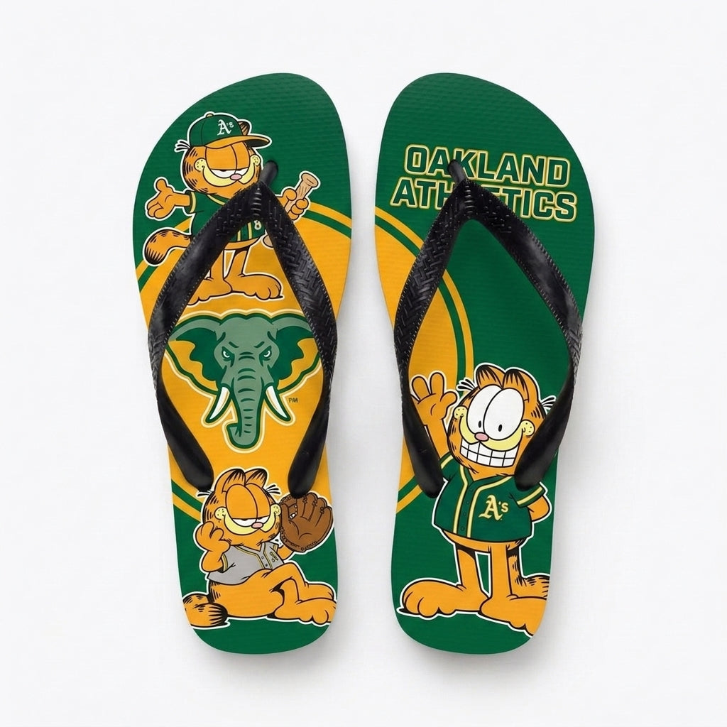 Cartoon Orange Cat Baseball Flip Flops, Sport Fan Sandals | 30 Teams Available