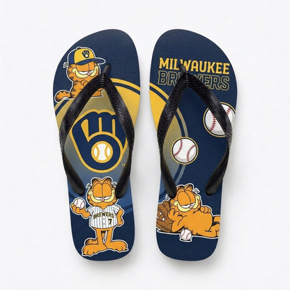 Cartoon Orange Cat Baseball Flip Flops, Sport Fan Sandals | 30 Teams Available