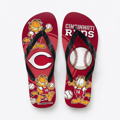 Cartoon Orange Cat Baseball Flip Flops, Sport Fan Sandals | 30 Teams Available