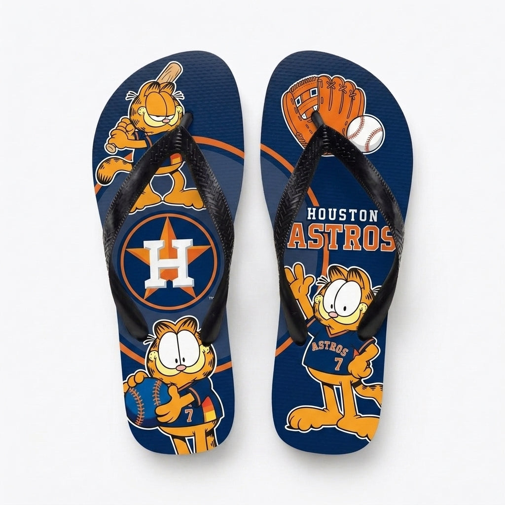 Cartoon Orange Cat Baseball Flip Flops, Sport Fan Sandals | 30 Teams Available