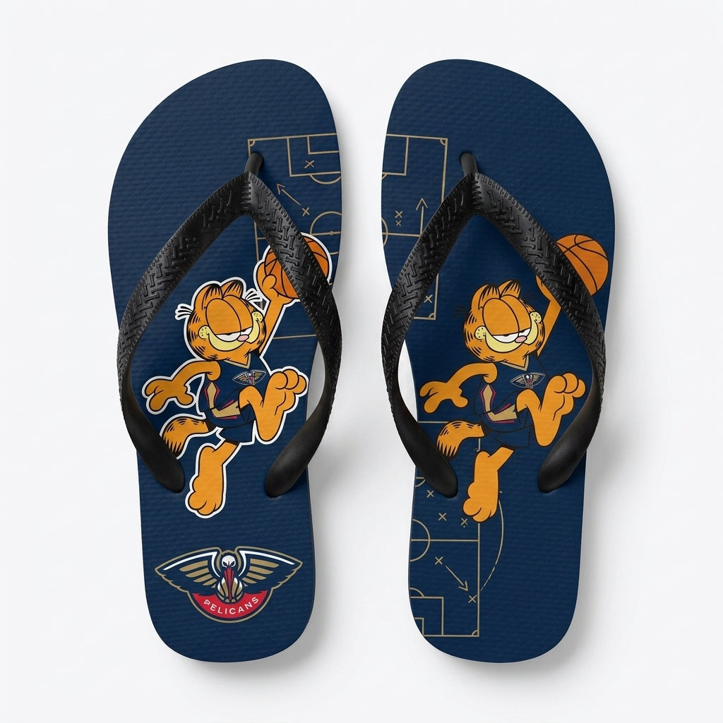 Cartoon Orange Cat Basketball Flip Flops, Sport Fan Sandals | 30 Teams Available