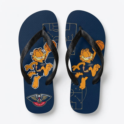 Cartoon Orange Cat Basketball Flip Flops, Sport Fan Sandals | 30 Teams Available