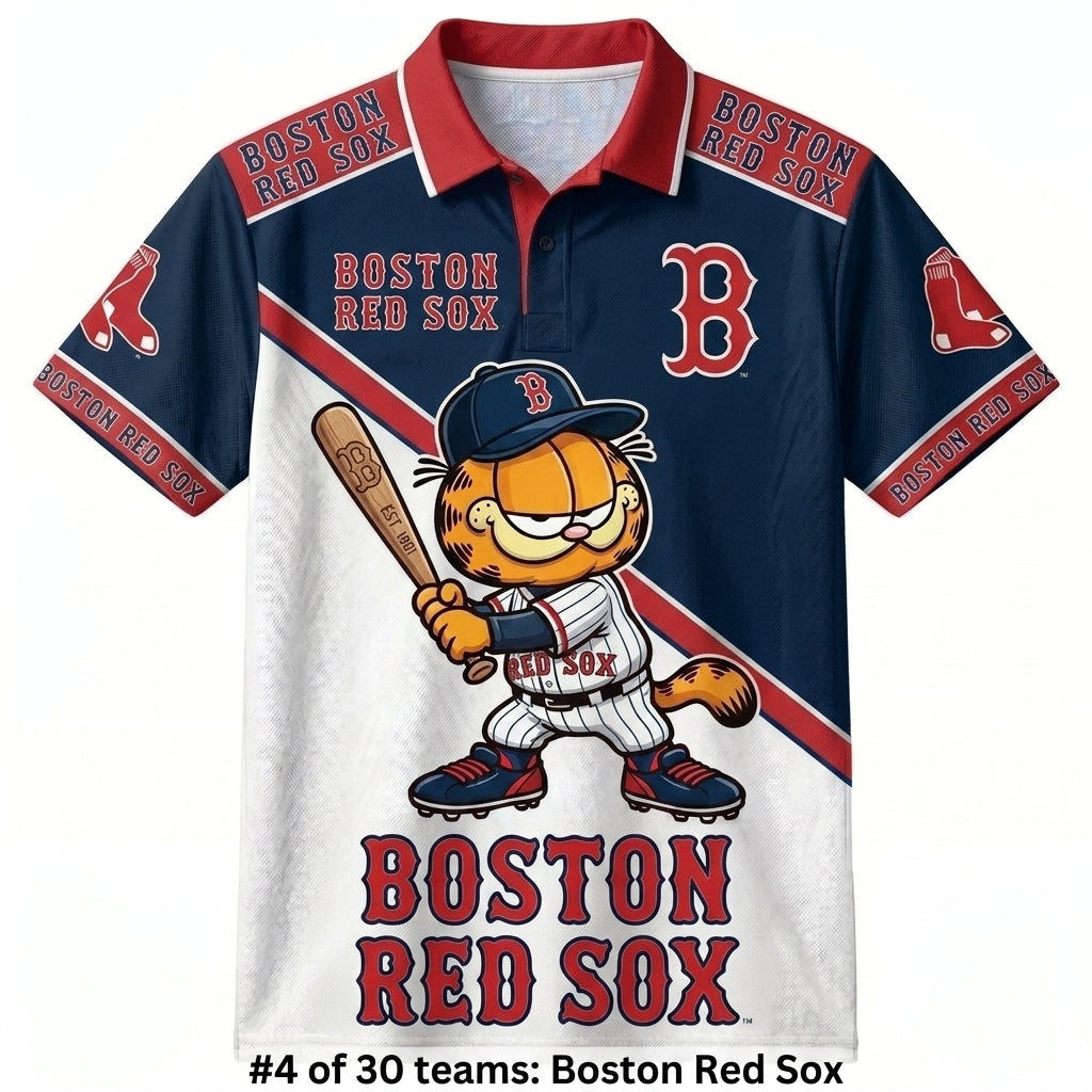 30 Team MLB - Baseball Polo Shirt, Team Color Game Day Polo, Cartoon Cat Baseball Inspired Sports Jersey