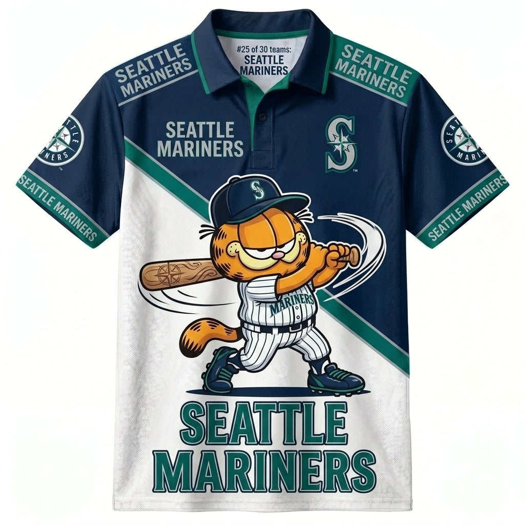 30 Team MLB - Baseball Polo Shirt, Team Color Game Day Polo, Cartoon Cat Baseball Inspired Sports Jersey