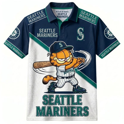 30 Team MLB - Baseball Polo Shirt, Team Color Game Day Polo, Cartoon Cat Baseball Inspired Sports Jersey
