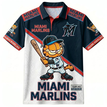 30 Team MLB - Baseball Polo Shirt, Team Color Game Day Polo, Cartoon Cat Baseball Inspired Sports Jersey