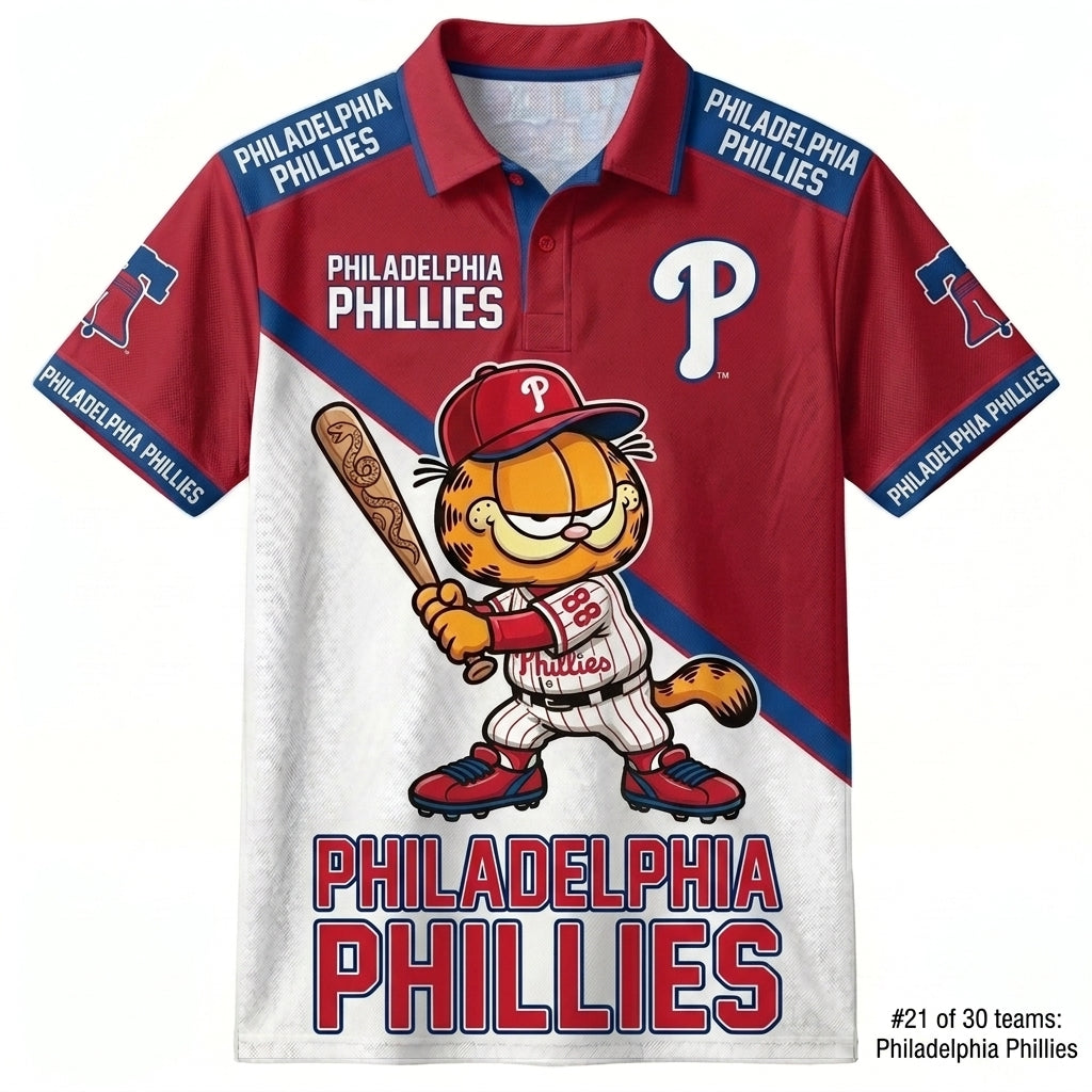 30 Team MLB - Baseball Polo Shirt, Team Color Game Day Polo, Cartoon Cat Baseball Inspired Sports Jersey