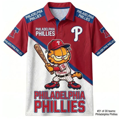 30 Team MLB - Baseball Polo Shirt, Team Color Game Day Polo, Cartoon Cat Baseball Inspired Sports Jersey