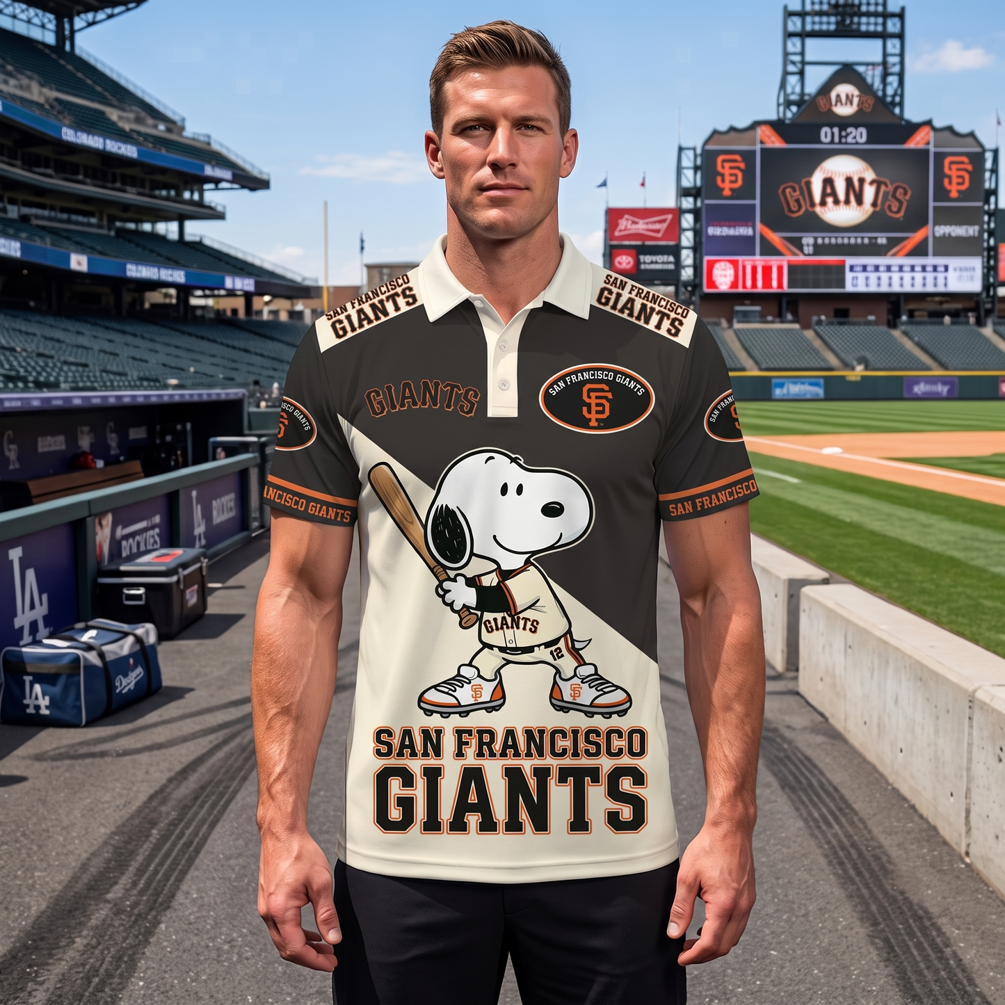 National League — NL Baseball Polo Shirt, Team Color Game Day Polo, Cartoon Dog Baseball Inspired Sports Jersey, Navy Pinstripe Fanwear Shirt