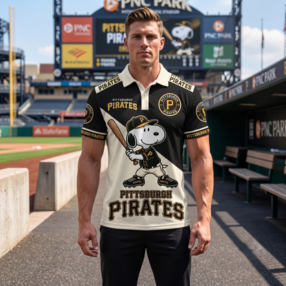 National League — NL Baseball Polo Shirt, Team Color Game Day Polo, Cartoon Dog Baseball Inspired Sports Jersey, Navy Pinstripe Fanwear Shirt