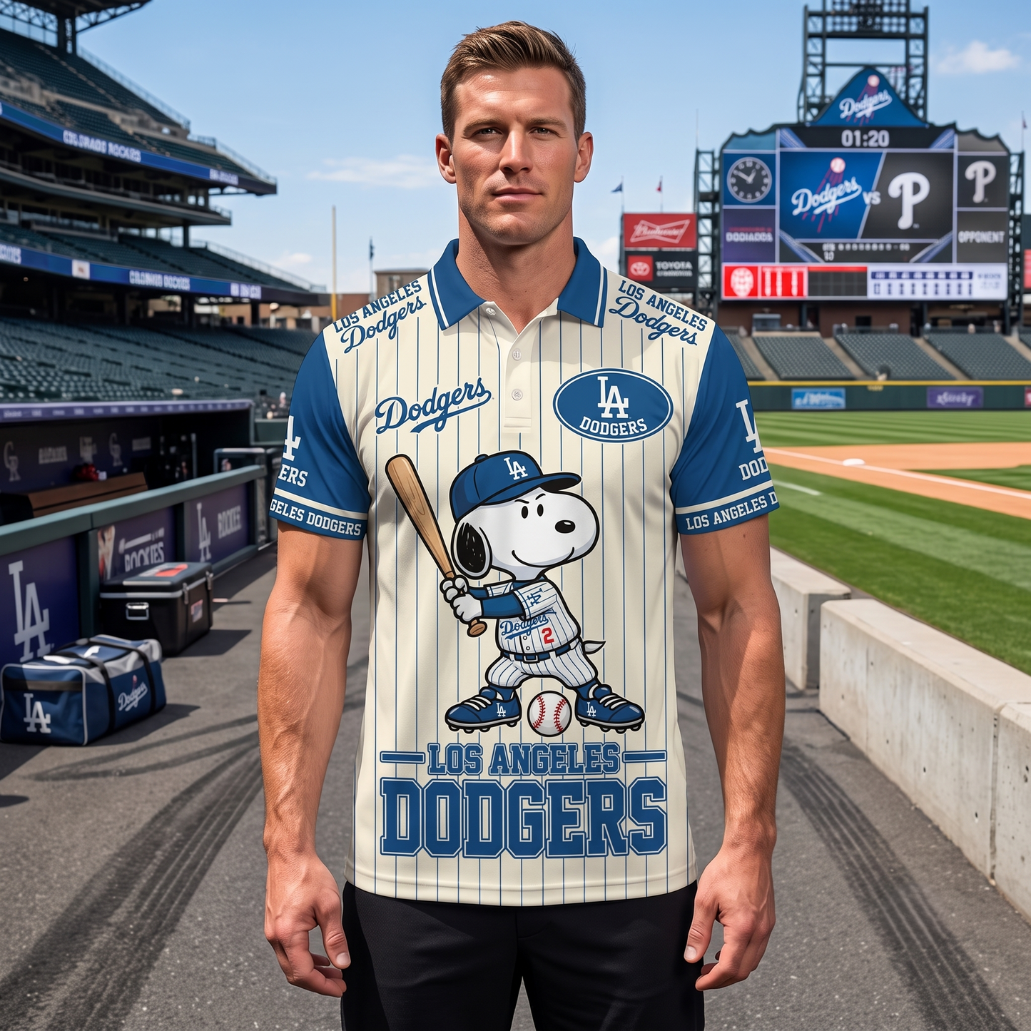 National League — NL Baseball Polo Shirt, Team Color Game Day Polo, Cartoon Dog Baseball Inspired Sports Jersey, Navy Pinstripe Fanwear Shirt