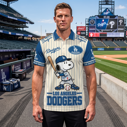 National League — NL Baseball Polo Shirt, Team Color Game Day Polo, Cartoon Dog Baseball Inspired Sports Jersey, Navy Pinstripe Fanwear Shirt