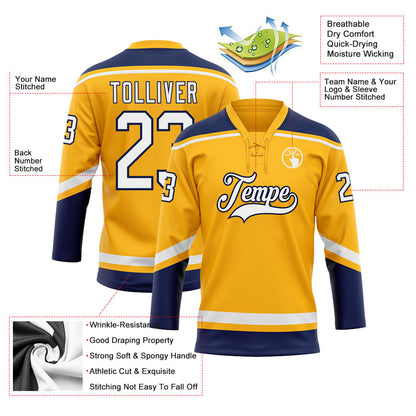 Custom Gold White-Navy Hockey Lace Neck Jersey