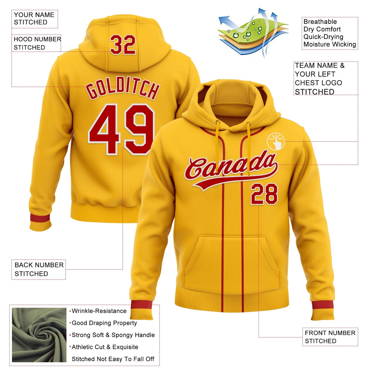 Custom Stitched Gold Red-White Baseball Pullover Sweatshirt Hoodie