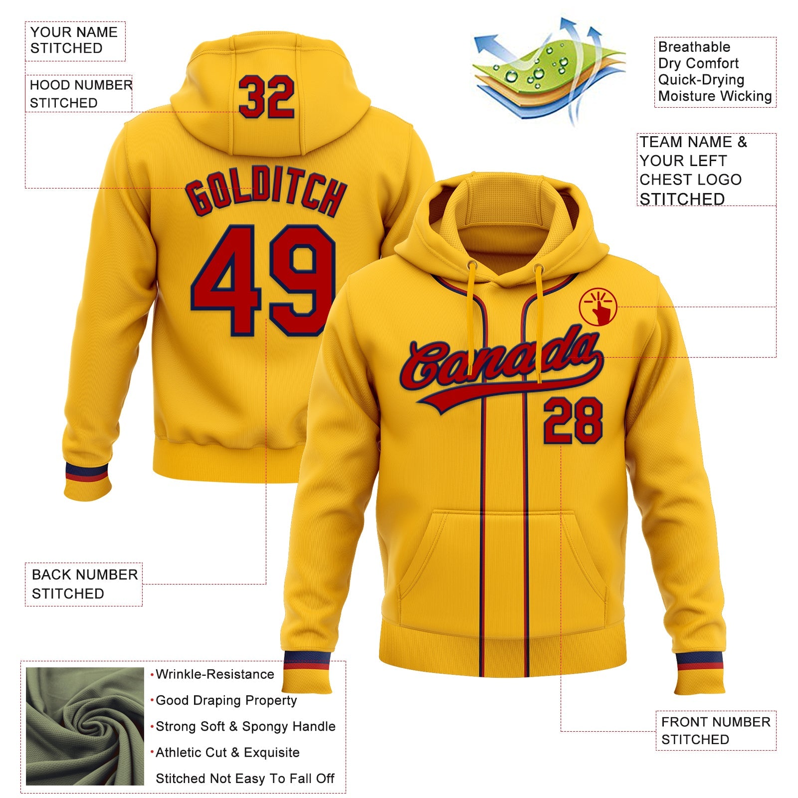 Custom Stitched Gold Red-Navy Baseball Pullover Sweatshirt Hoodie