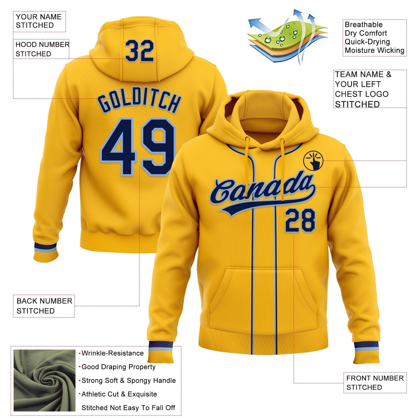 Custom Stitched Gold Navy-Light Blue Baseball Pullover Sweatshirt Hoodie