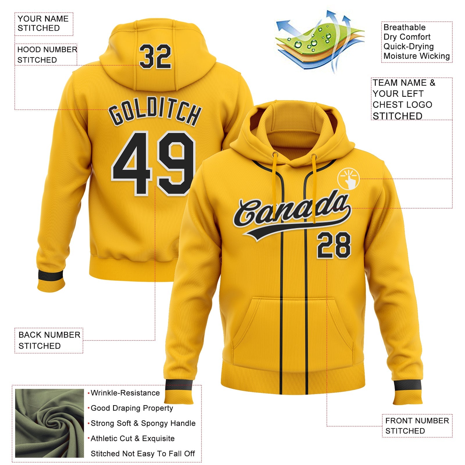 Custom Stitched Gold Black-White Baseball Pullover Sweatshirt Hoodie