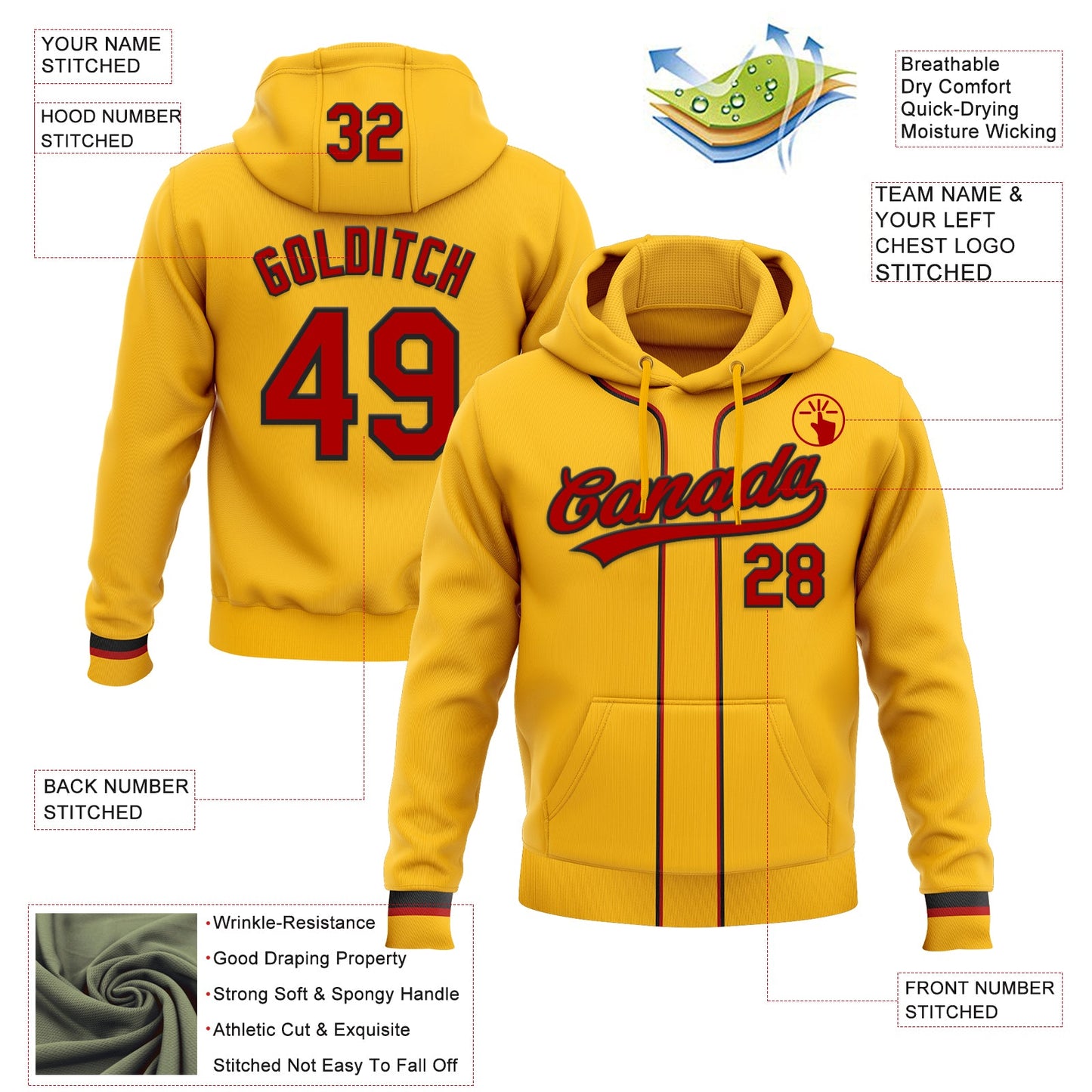 Custom Stitched Gold Red-Black Baseball Pullover Sweatshirt Hoodie