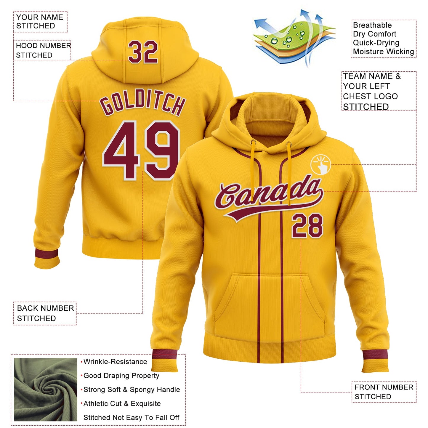 Custom Stitched Gold Crimson-White Baseball Pullover Sweatshirt Hoodie