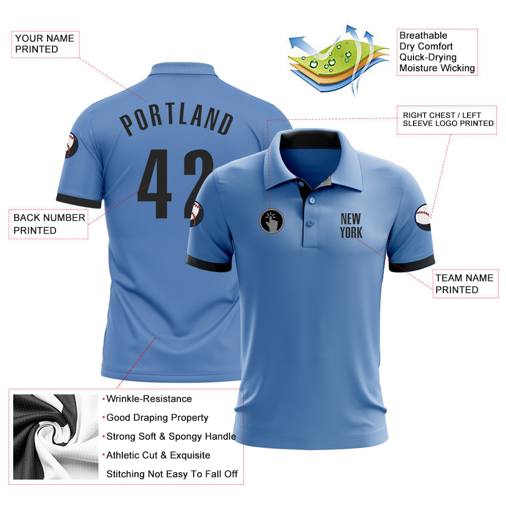 Custom Light Blue Black Performance Golf Polo Shirt