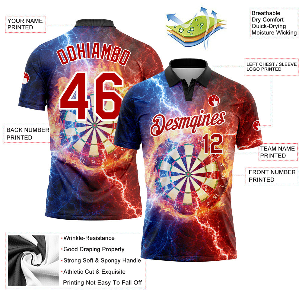 Custom Black Red-White 3D Pattern Design Lightning Flame Dart Board Performance Golf Polo Shirt