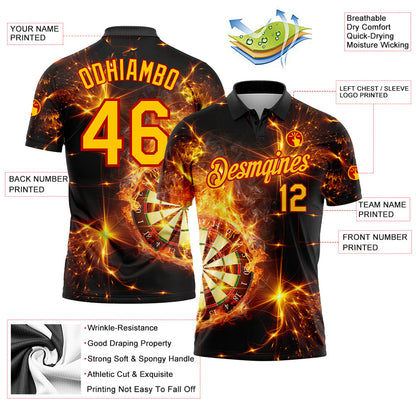 Custom Black Yellow-Red 3D Pattern Design Flame Dart Board Performance Golf Polo Shirt