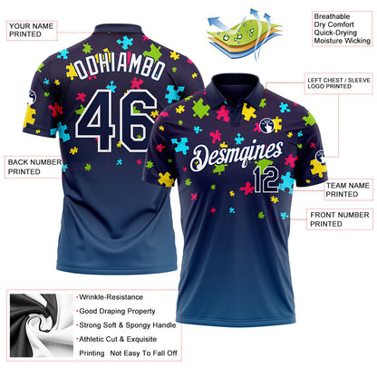 Custom Navy White 3D Pattern Design Autism Supporter Awareness Puzzle Pieces Performance Golf Polo Shirt