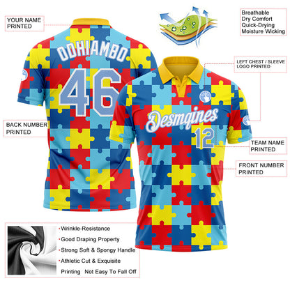 Custom Light Blue White 3D Pattern Design Autism Supporter Awareness Puzzle Pieces Performance Golf Polo Shirt