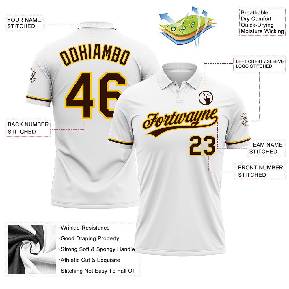 Custom White Brown-Yellow Performance Vapor Golf Polo Shirt