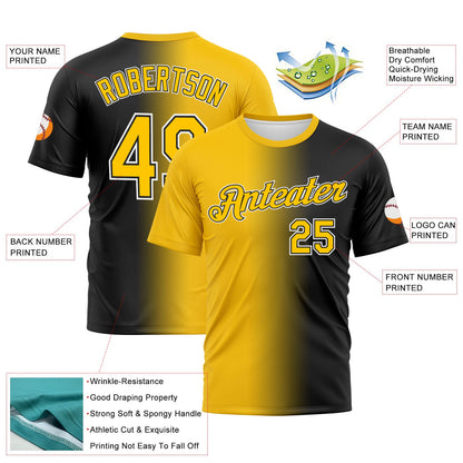 Custom Black Yellow-White Gradient Fashion Performance T-Shirt