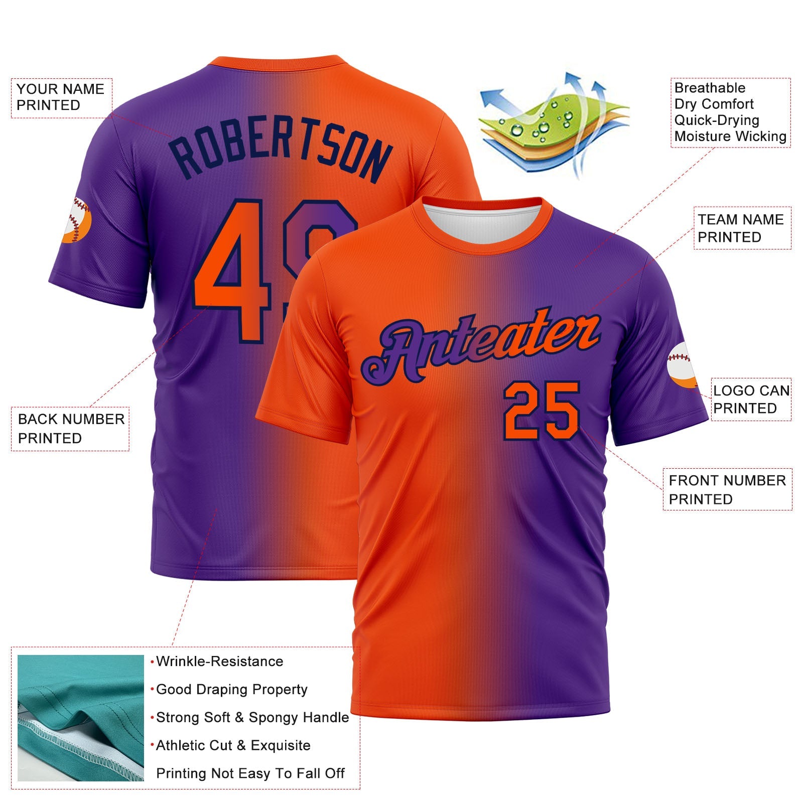 Custom Purple Orange-Navy Gradient Fashion Performance T-Shirt
