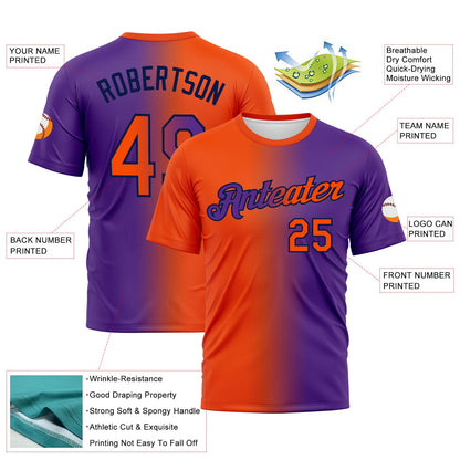 Custom Purple Orange-Navy Gradient Fashion Performance T-Shirt