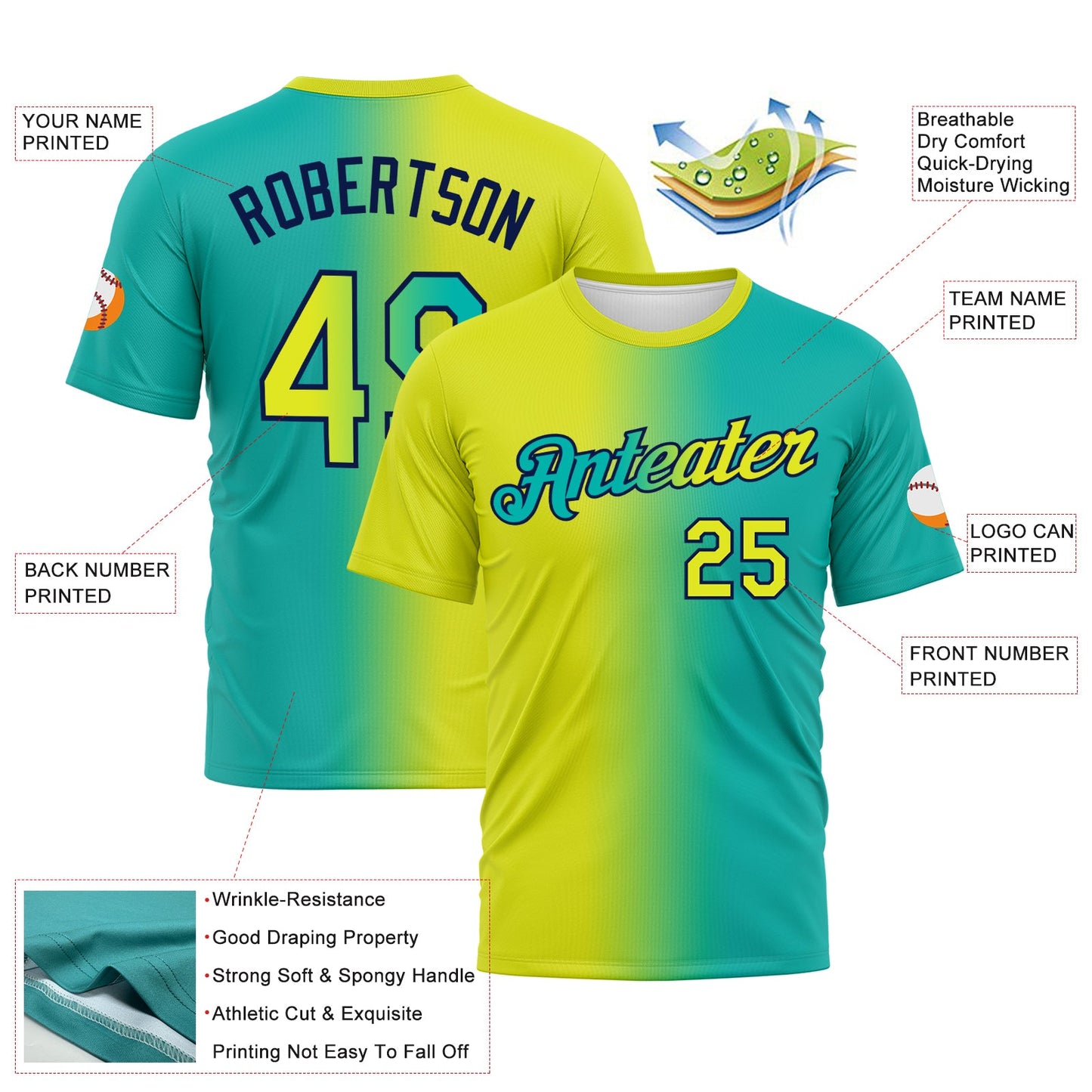 Custom Aqua Neon Yellow-Navy Gradient Fashion Performance T-Shirt