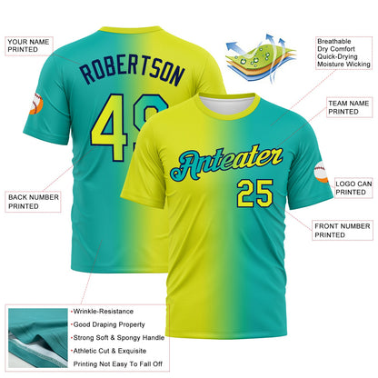 Custom Aqua Neon Yellow-Navy Gradient Fashion Performance T-Shirt