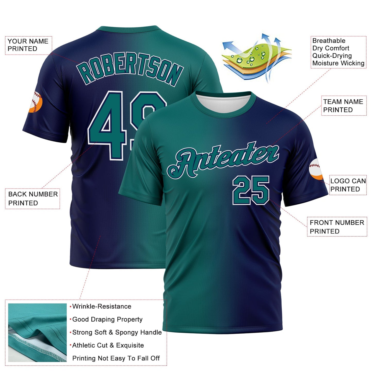 Custom Navy Teal-White Gradient Fashion Performance T-Shirt