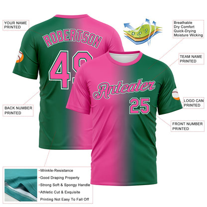 Custom Kelly Green Pink-White Gradient Fashion Performance T-Shirt