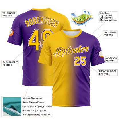 Custom Purple Yellow-White Gradient Fashion Performance T-Shirt