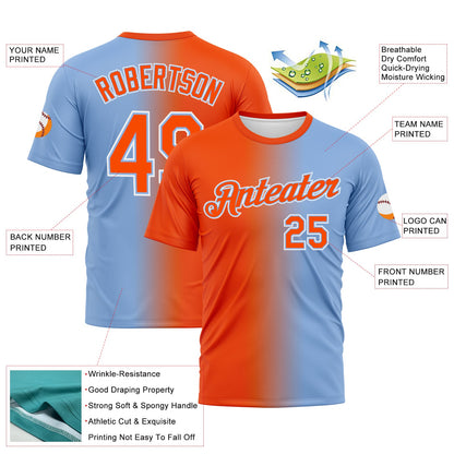Custom Light Blue Orange-White Gradient Fashion Performance T-Shirt