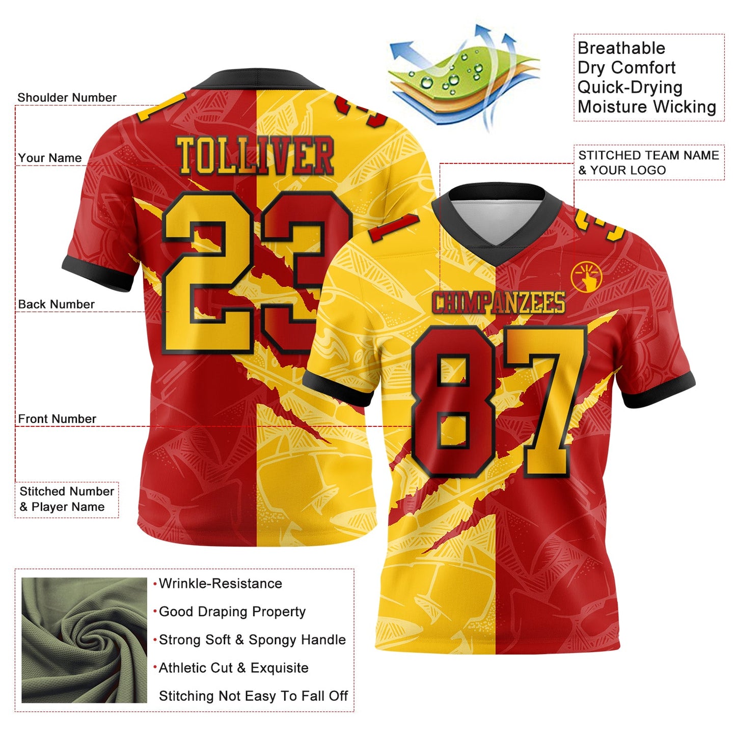 Custom Red Yellow-Black Authentic Gradient Fashion Scratch Football Jersey