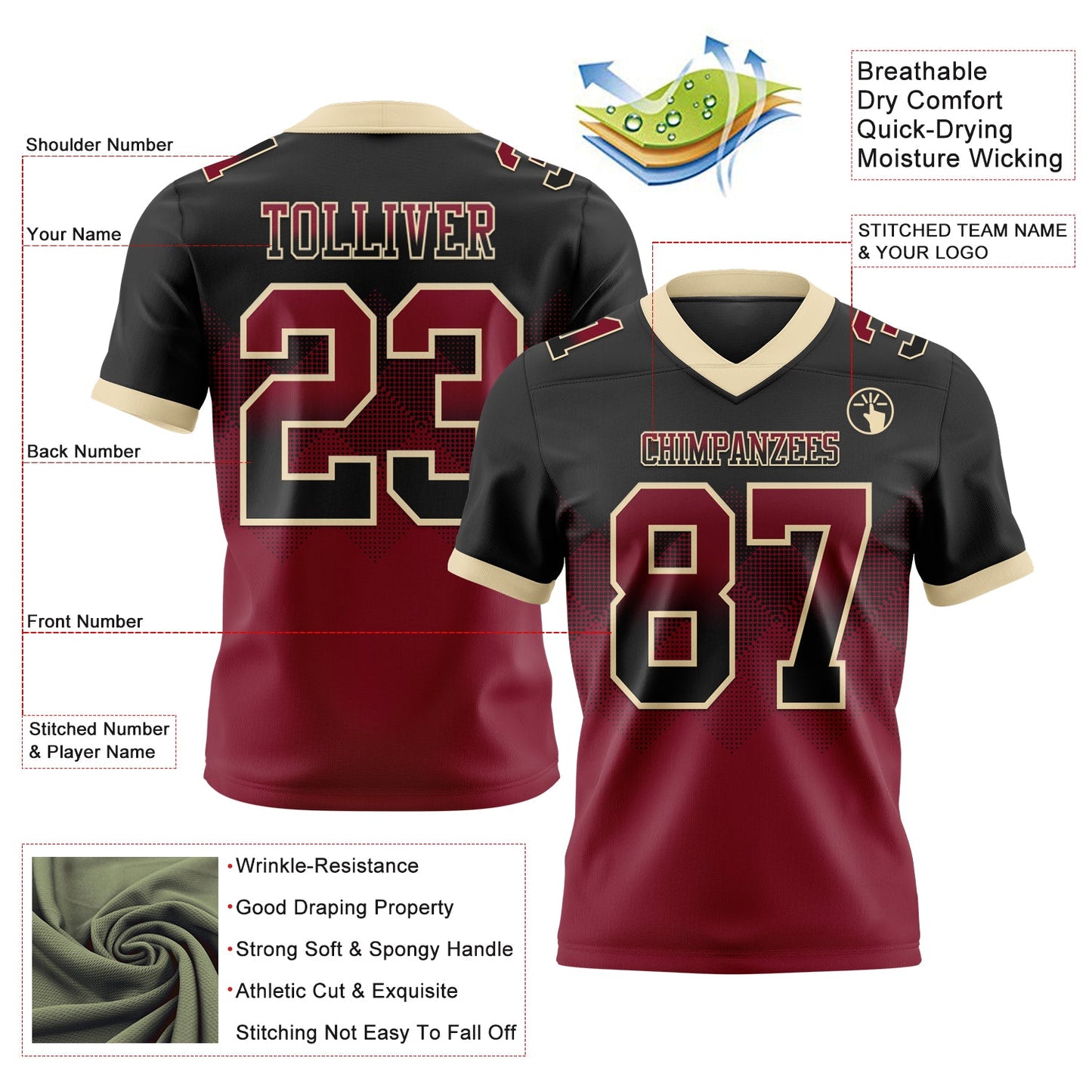 Custom Black Crimson-Cream Authentic Gradient Square Shape 7V7 Flag Football Jersey