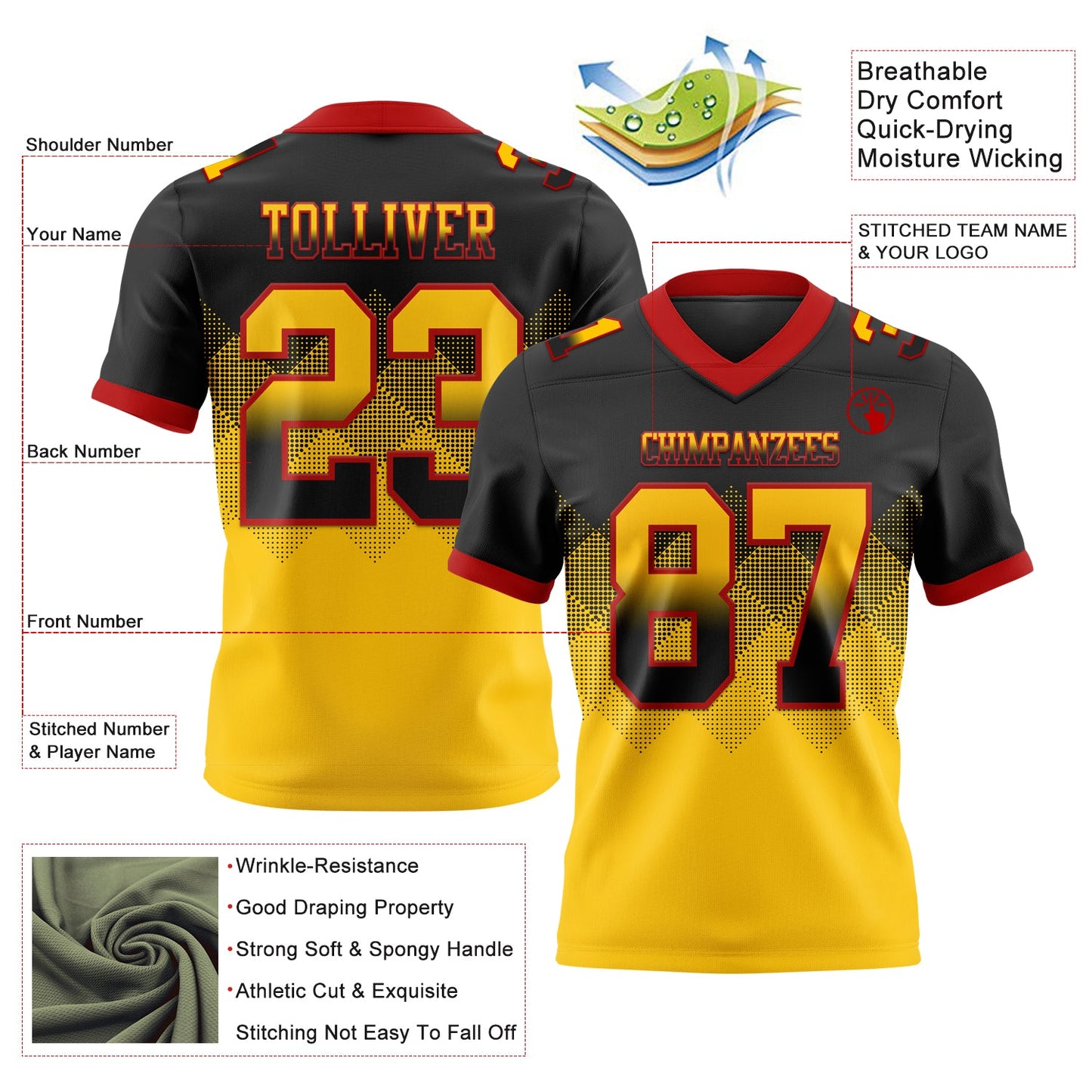 Custom Black Yellow-Red Authentic Gradient Square Shape 7V7 Flag Football Jersey