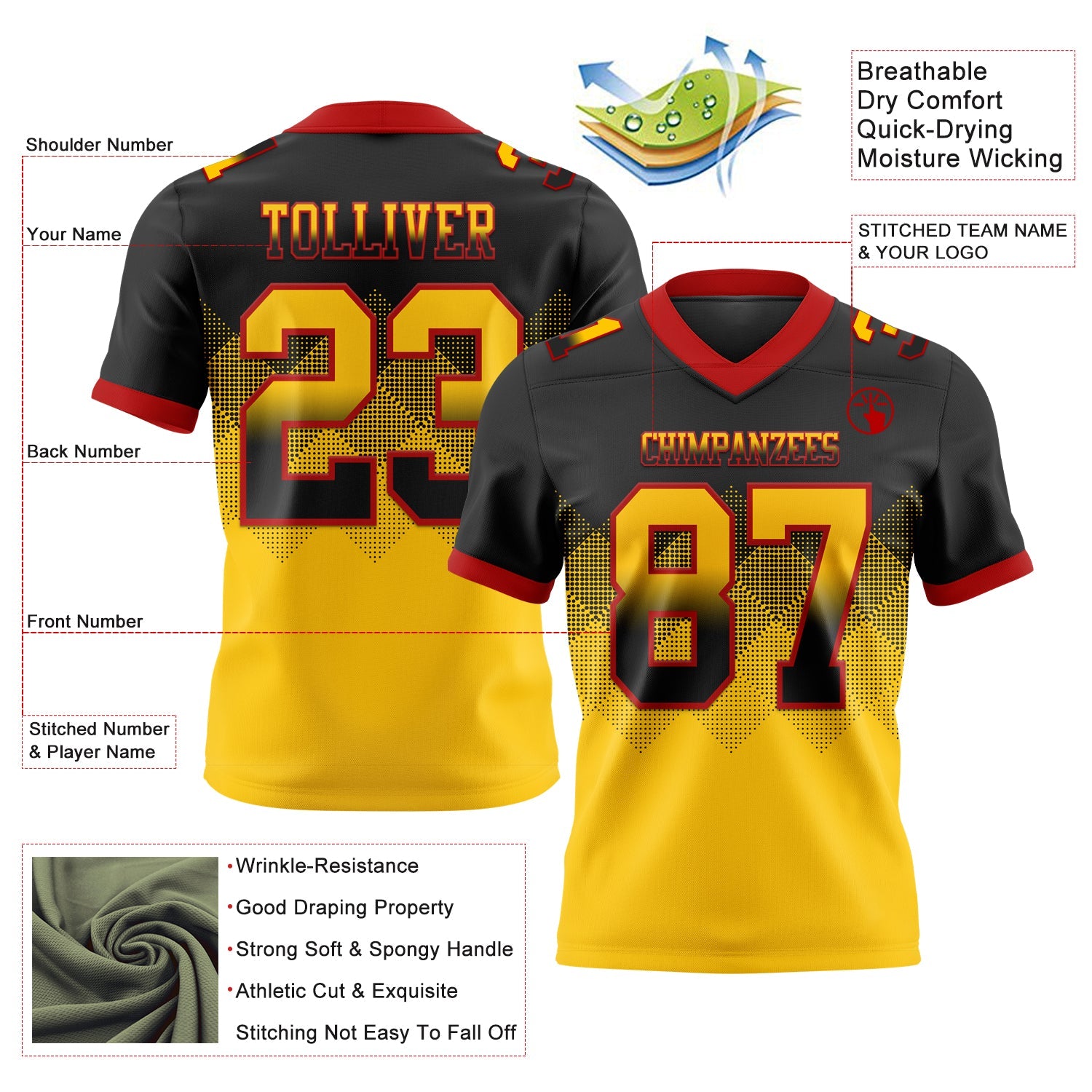Custom Black Yellow-Red Authentic Gradient Square Shape 7V7 Flag Football Jersey