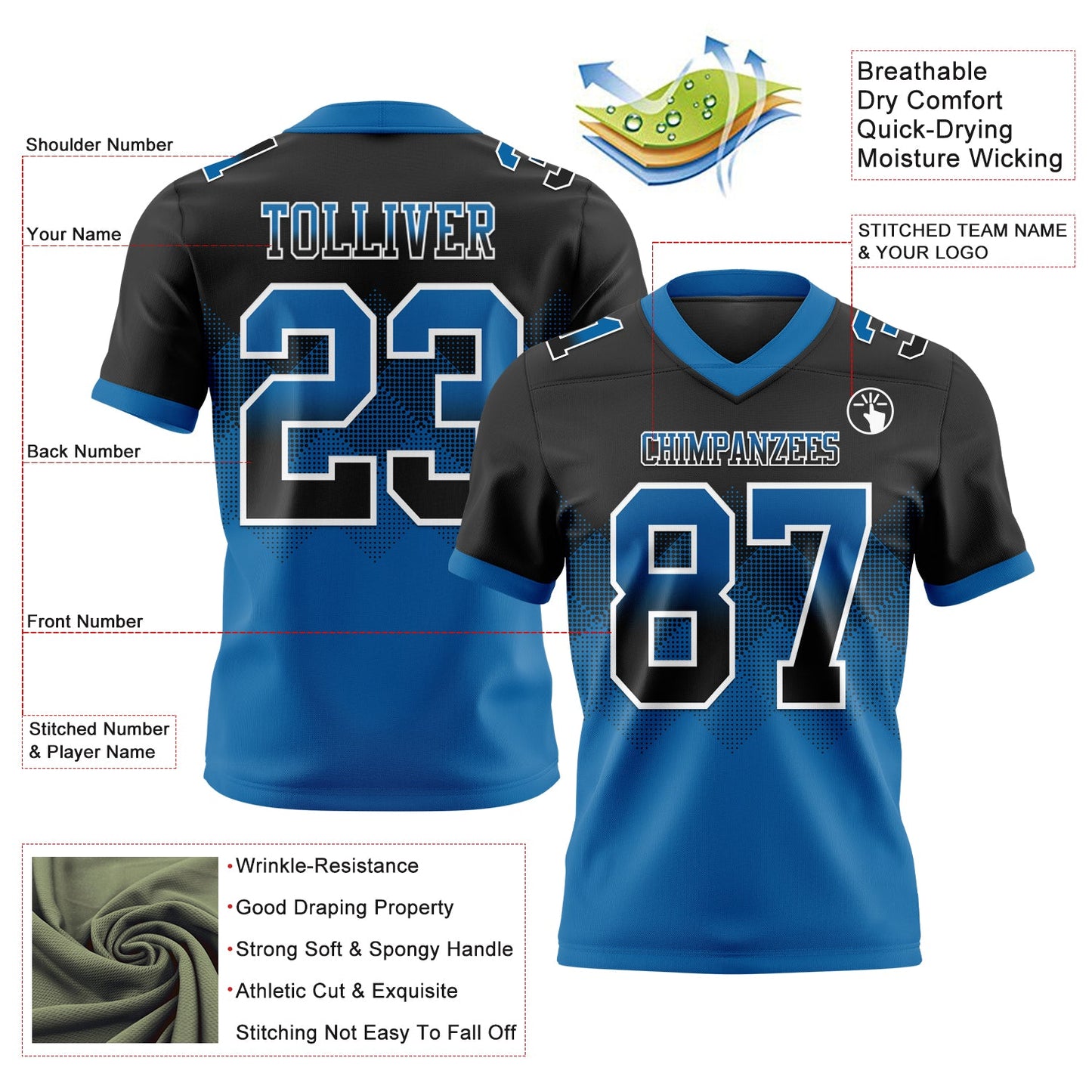 Custom Black Blue-White Authentic Gradient Square Shape 7V7 Flag Football Jersey