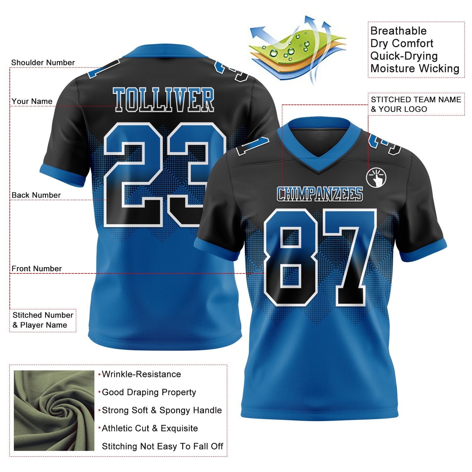 Custom Black Blue-White Authentic Gradient Square Shape 7V7 Flag Football Jersey