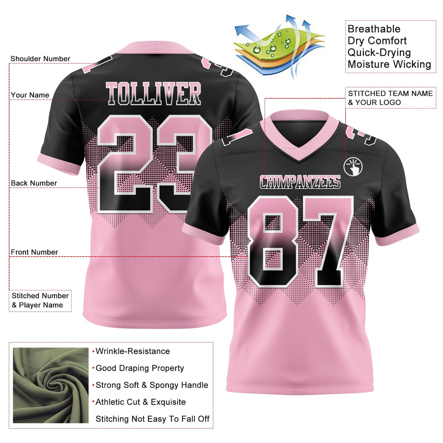 Custom Black Light Pink-White Authentic Gradient Square Shape 7V7 Flag Football Jersey