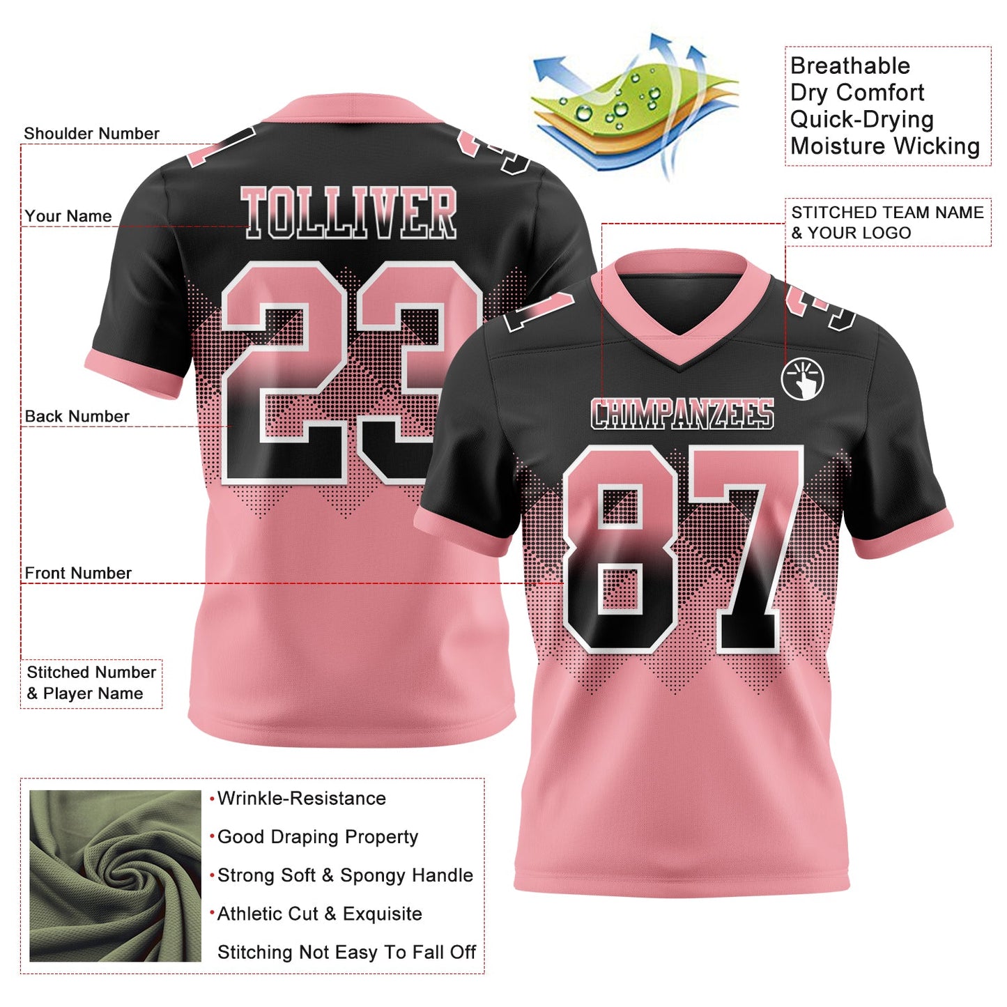 Custom Black Medium Pink-White Authentic Gradient Square Shape 7V7 Flag Football Jersey