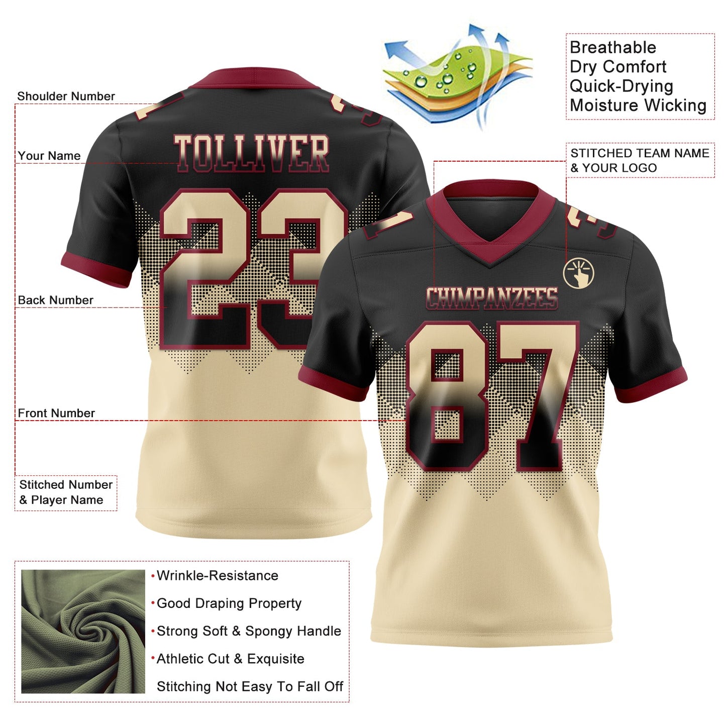 Custom Black Cream-Crimson Authentic Gradient Square Shape 7V7 Flag Football Jersey