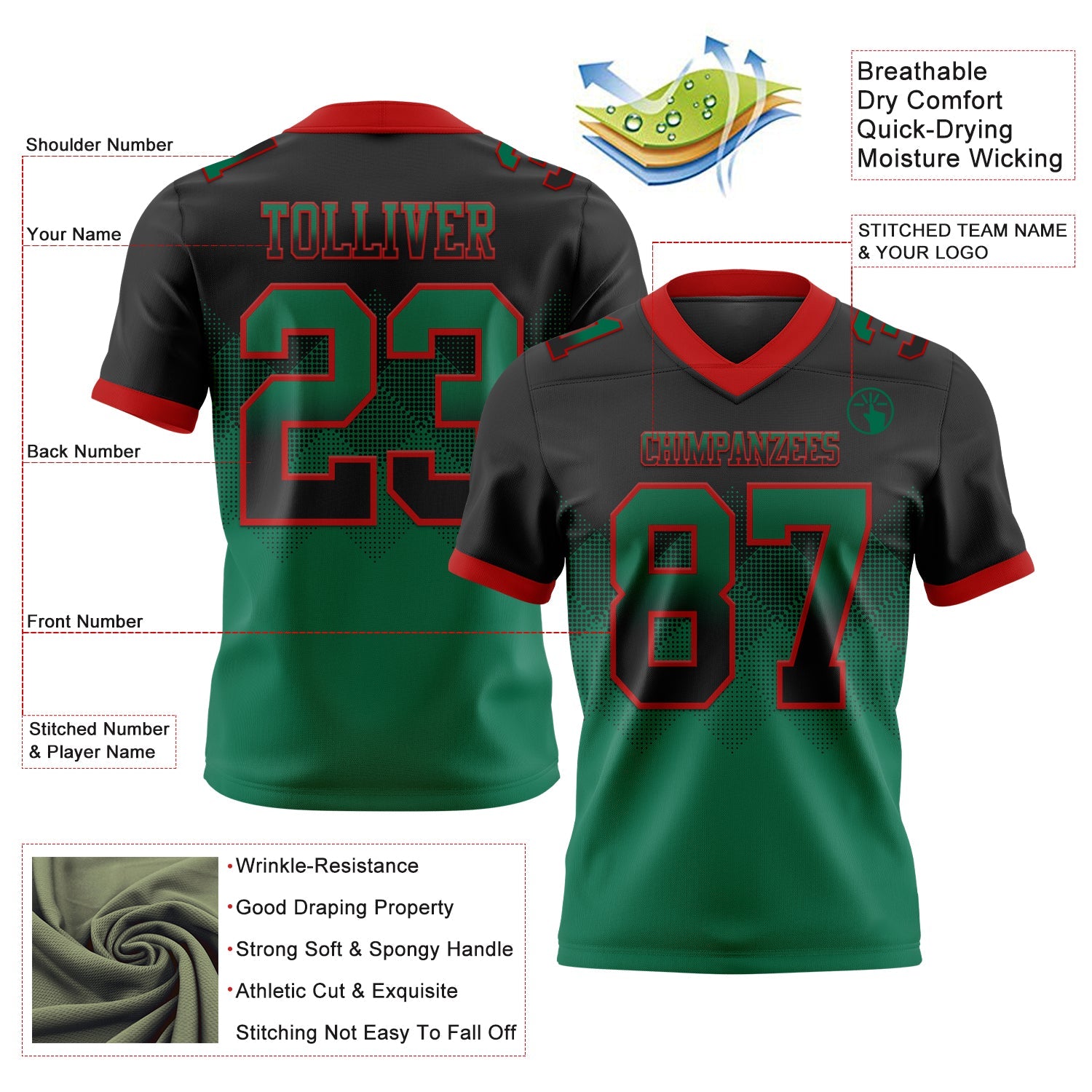 Custom Black Kelly Green-Red Authentic Gradient Square Shape 7V7 Flag Football Jersey